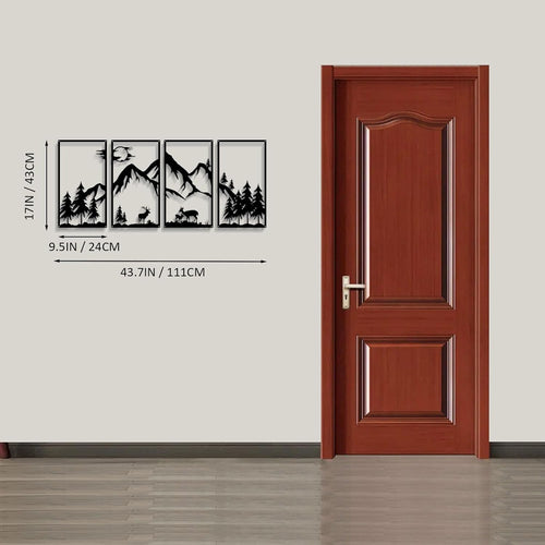 4 Stück Metall Bergblick Wanddekoration，Schwarze Linie Malerei Wandbehang，Abstraktes Minimalistisches Rustikales Natürliches Haus Wandschild Garten Home Decor Skulptur